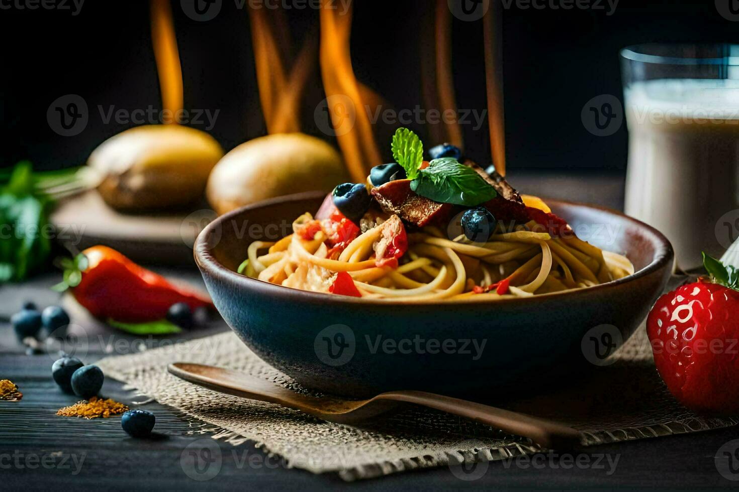 spaghetti met bosbessen en bessen. ai-gegenereerd foto