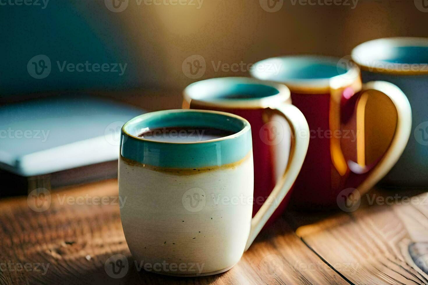 drie koffie mokken Aan een houten tafel. ai-gegenereerd foto