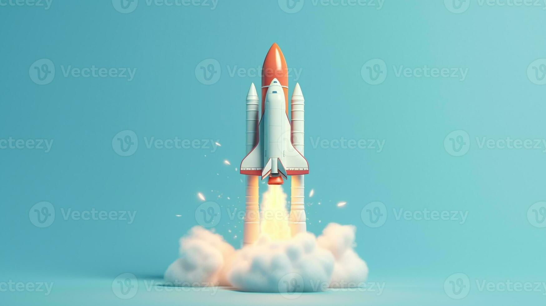 een raket lancering in blauw achtergrond. 3d geven illustratie. ai gegenereerd foto