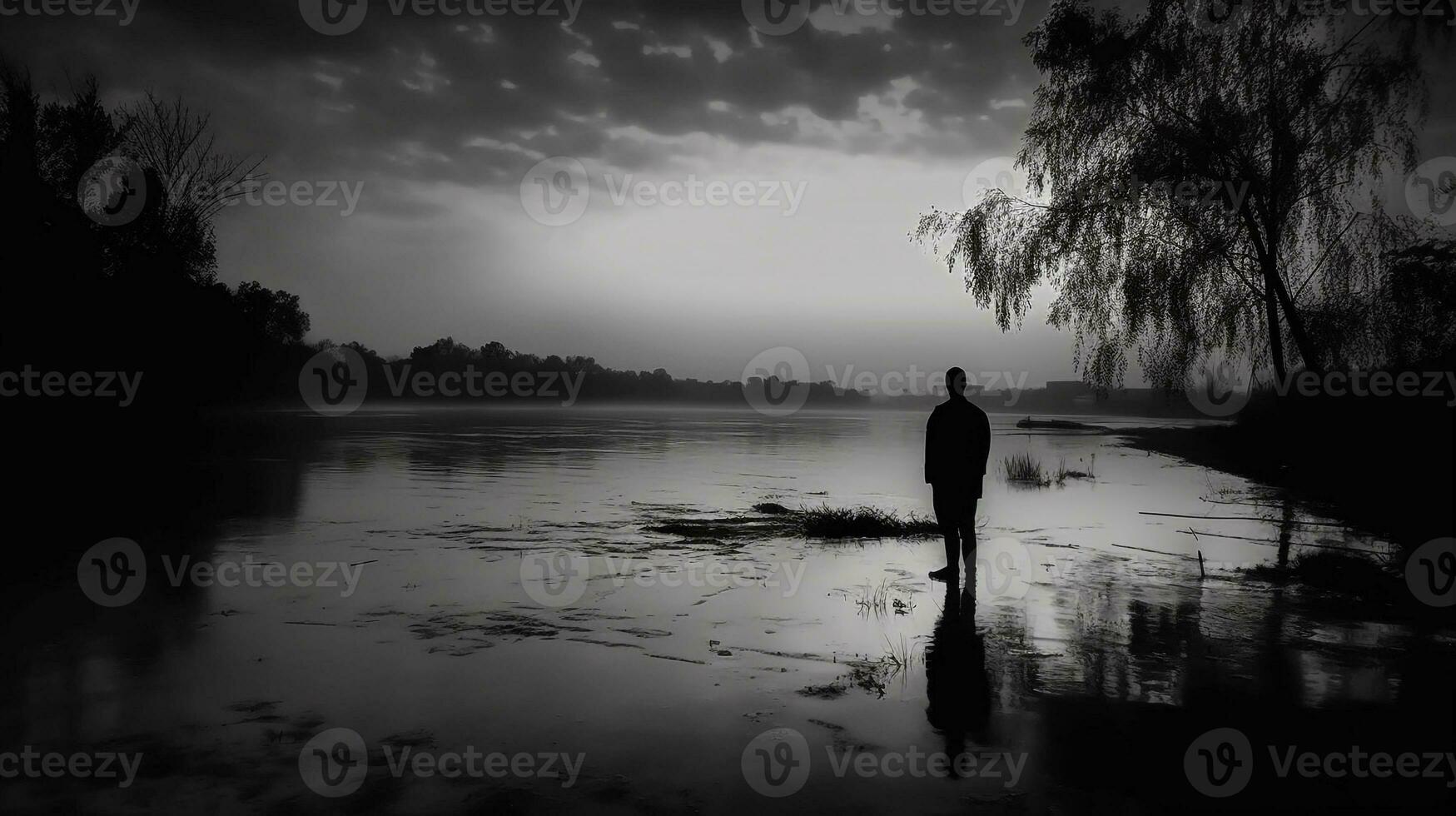 silhouet van eenzaam mannen vol van droefheid, en depressie Aan een rivieroever. ai gegenereerd foto