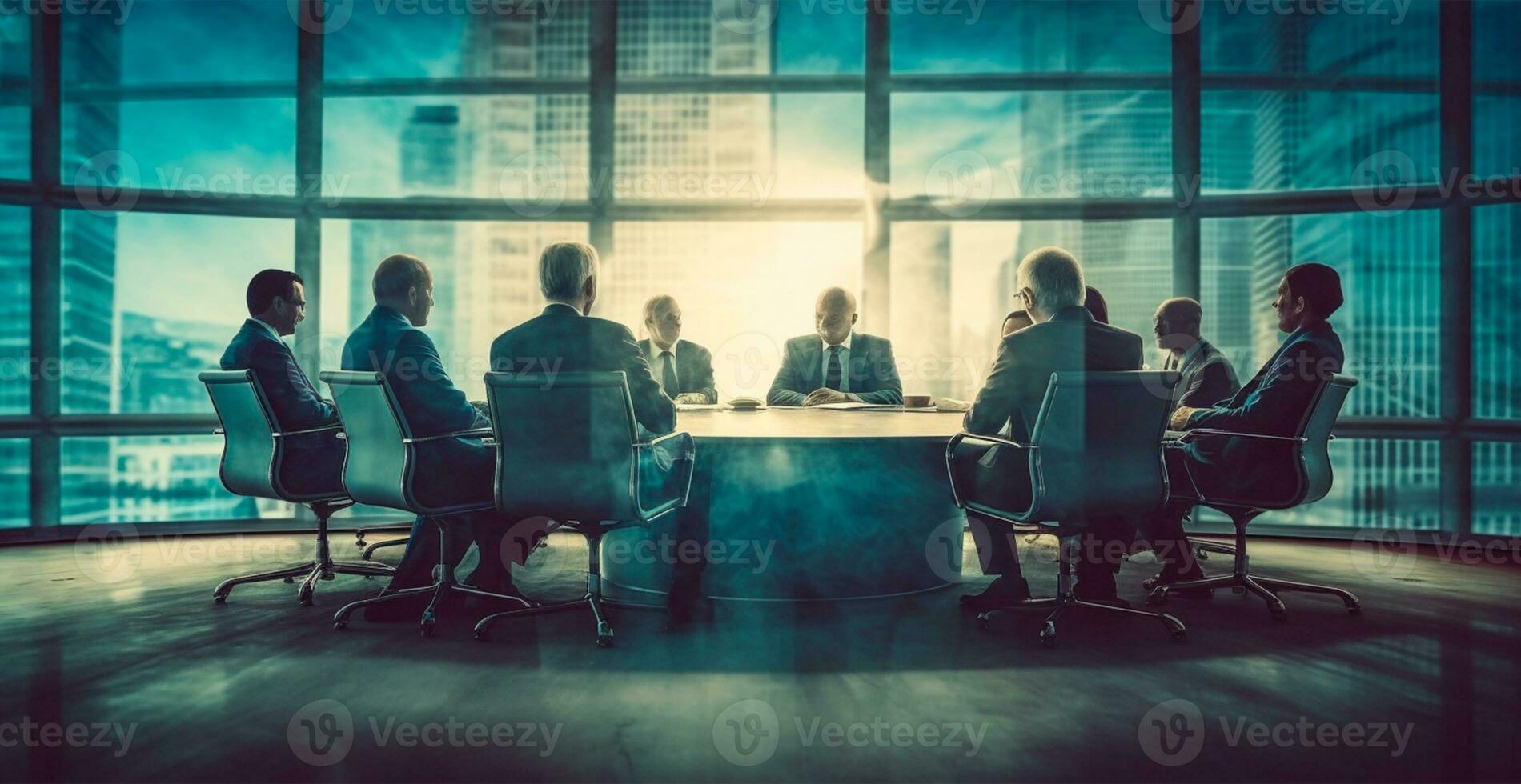bedrijf vergadering Bij een groot tafel in een helder kantoor met groot ramen, bedrijf concept - ai gegenereerd beeld foto