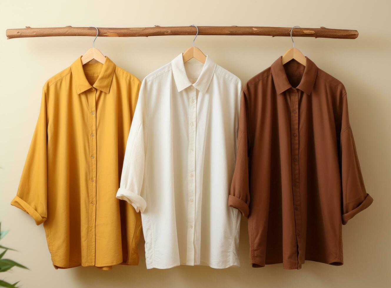 drie jurk overhemden hangende Aan een houten hanger foto