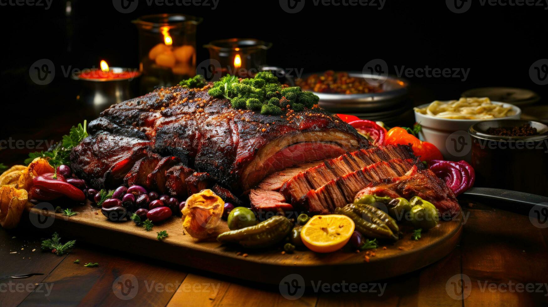 grillen uitmuntendheid een gerookt vlees verleiding van borst ribben en getrokken varkensvlees ai gegenereerd foto