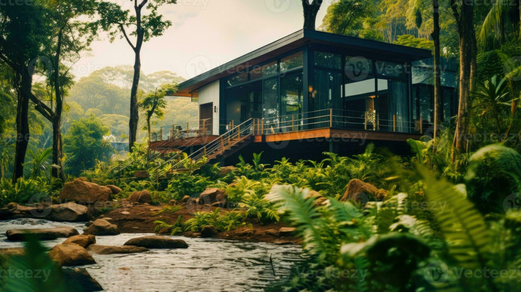 een modern huis in een groen milieu met hernieuwbaar pow ai gegenereerd foto