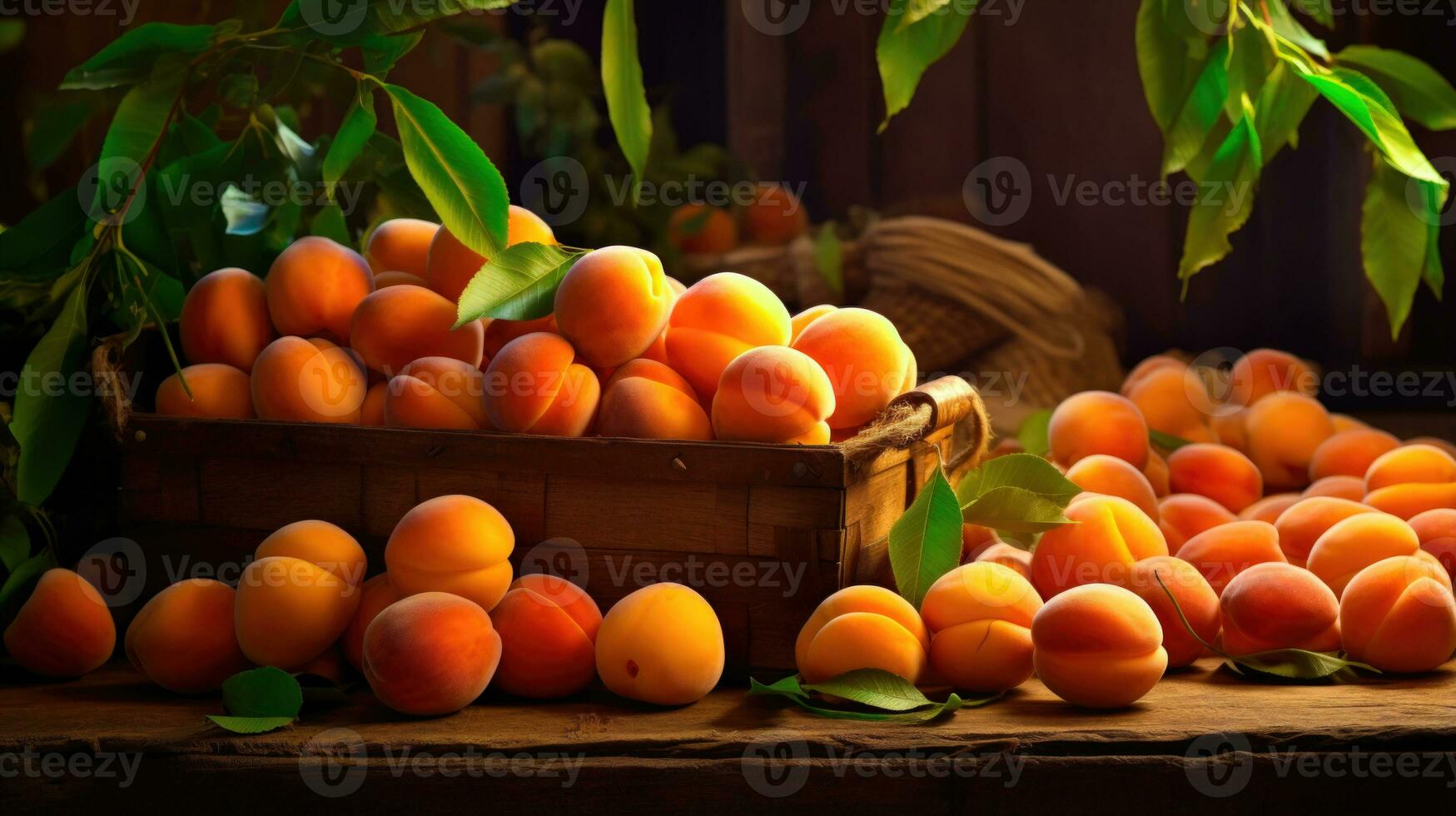 vers en sappig abrikozen in een houten krat Aan een rustiek tafel ai gegenereerd foto