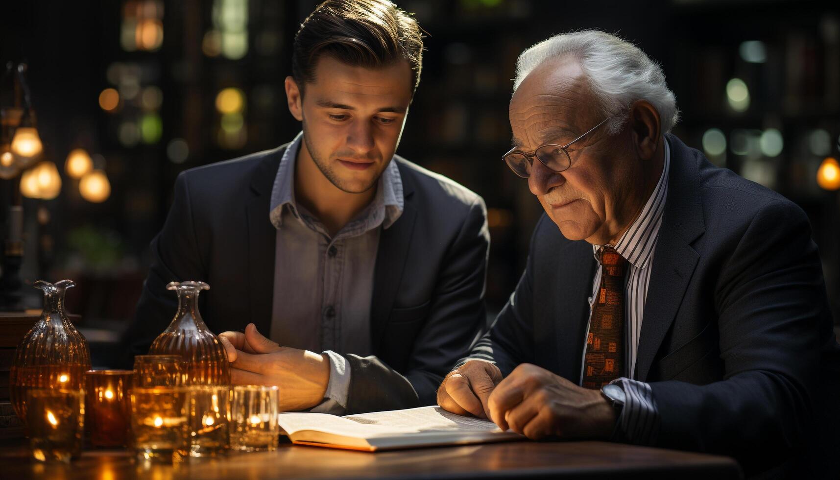 twee senior mannen zittend Bij een tafel, lezing en werken samen gegenereerd door ai foto