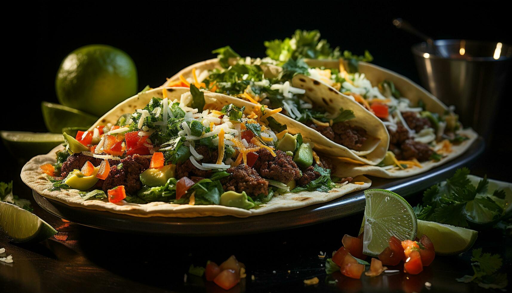 een smaakvol Mexicaans maaltijd met vers guacamole, rundvlees, en groenten gegenereerd door ai foto
