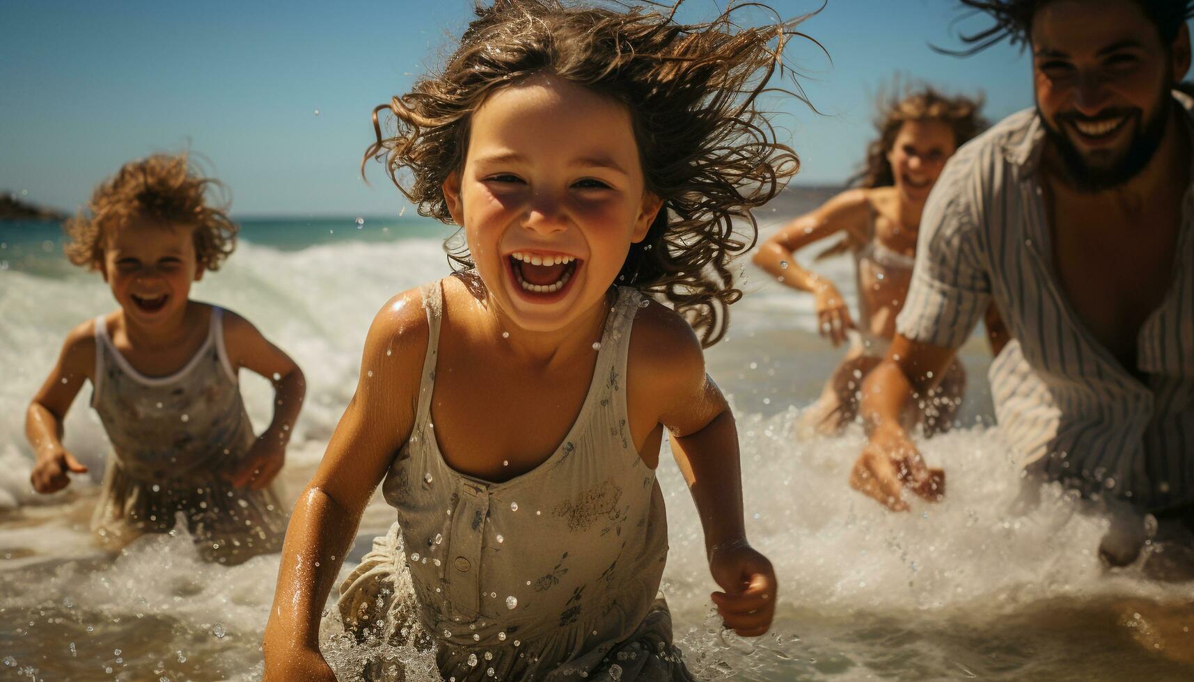 plezier, glimlachen meisjes genieten van speels zomer vakanties, spatten en lachend samen gegenereerd door ai foto