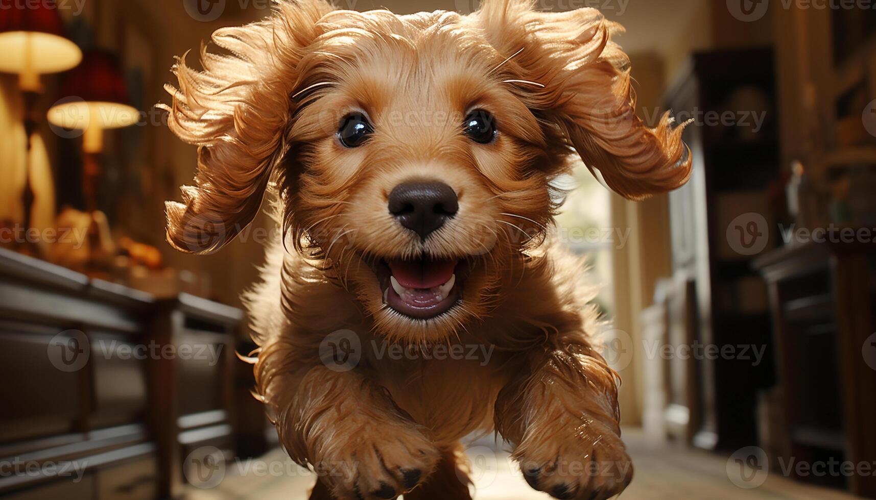 schattig puppy zittend binnenshuis, op zoek Bij camera met speels ogen gegenereerd door ai foto