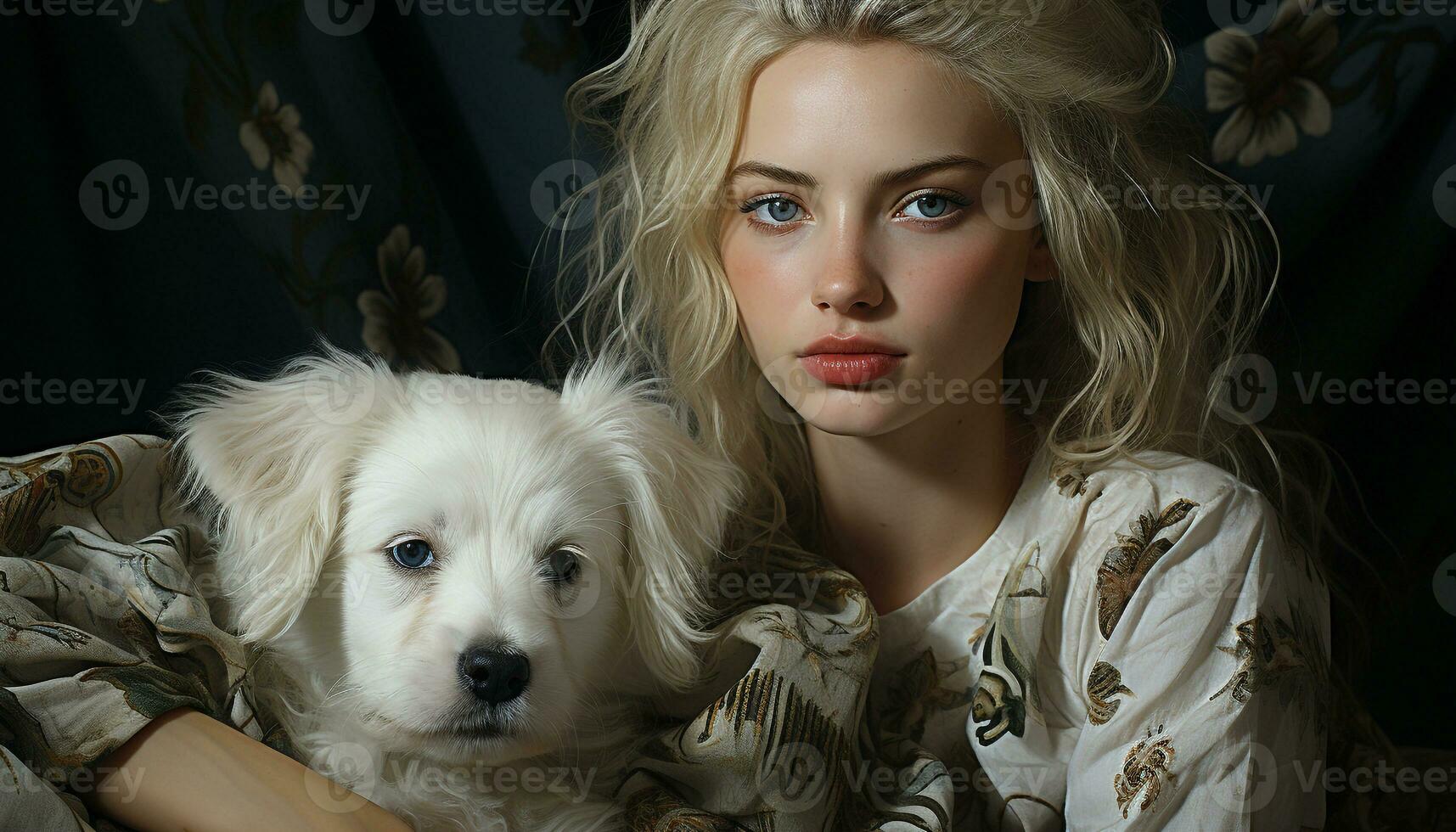 schattig blond vrouw met een hond, op zoek Bij camera, binnenshuis gegenereerd door ai foto