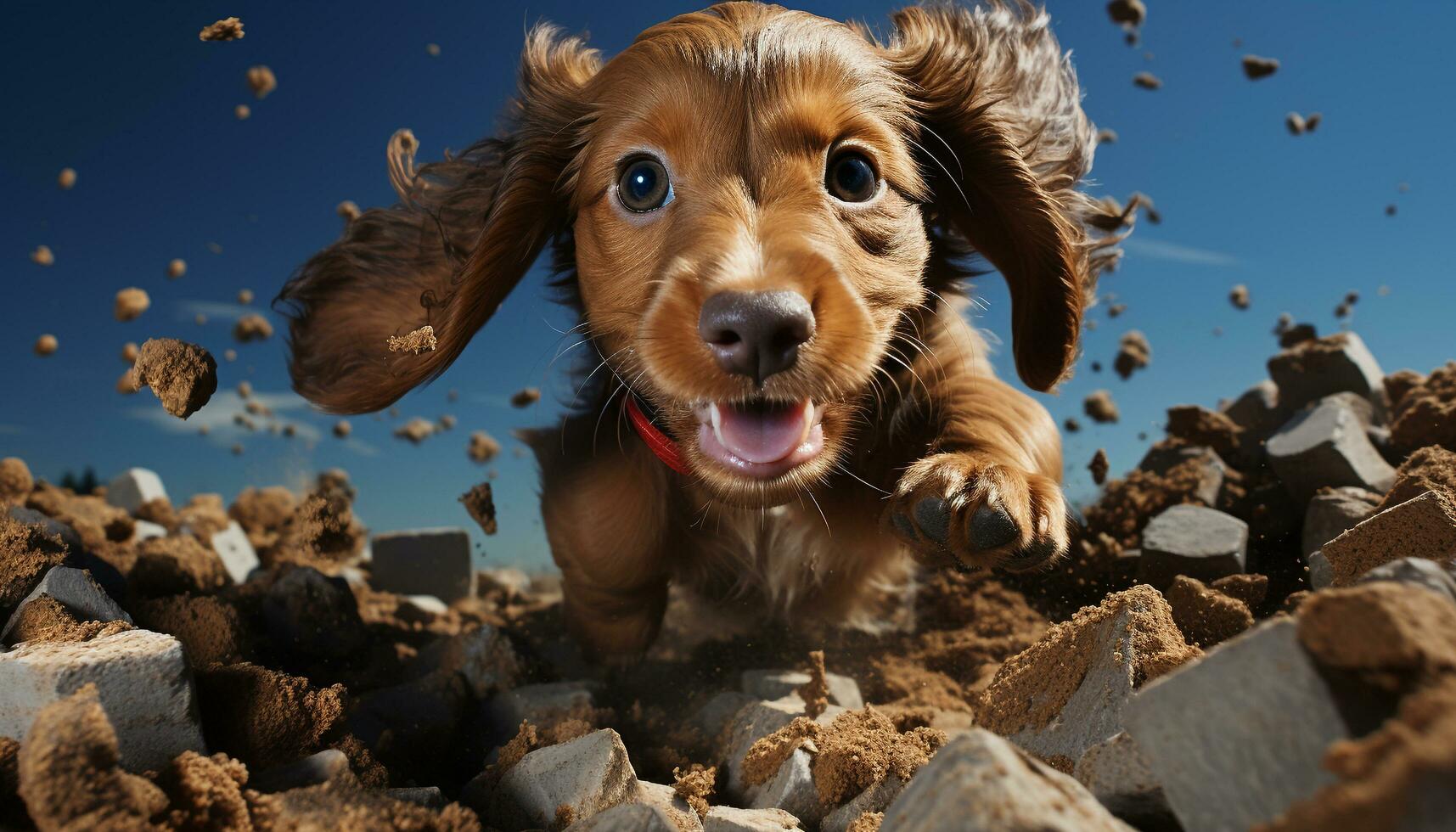 schattig puppy spelen buitenshuis, op zoek Bij u met speels ogen gegenereerd door ai foto