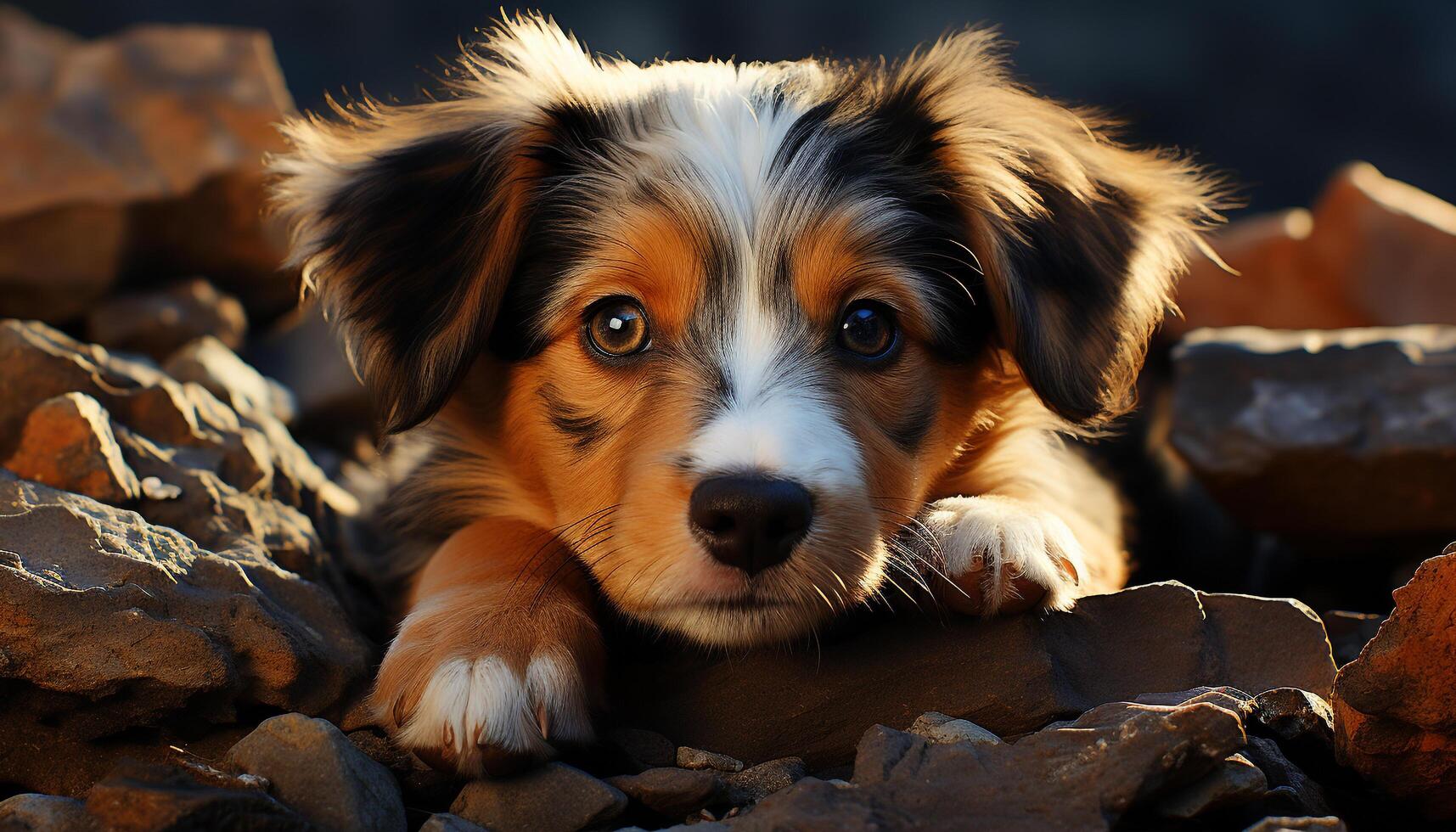 schattig puppy zittend in natuur, op zoek Bij camera met loyaliteit gegenereerd door ai foto