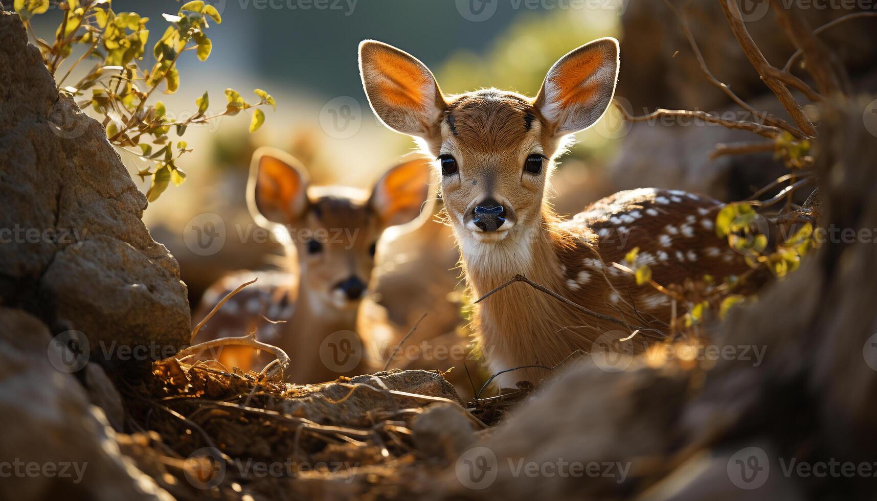 schattig jong hert staand in gras, op zoek Bij camera gegenereerd door ai foto