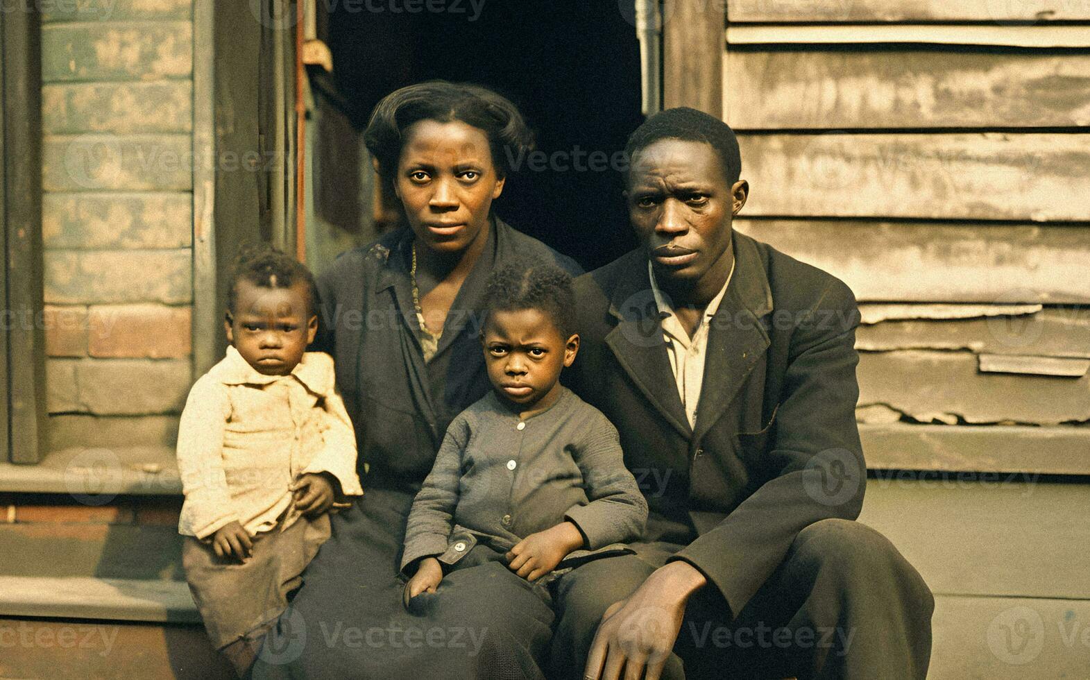 veerkracht temidden van ontbering een arm zwart familie gedurende de Jaren 30 Super goed depressie generatief ai foto