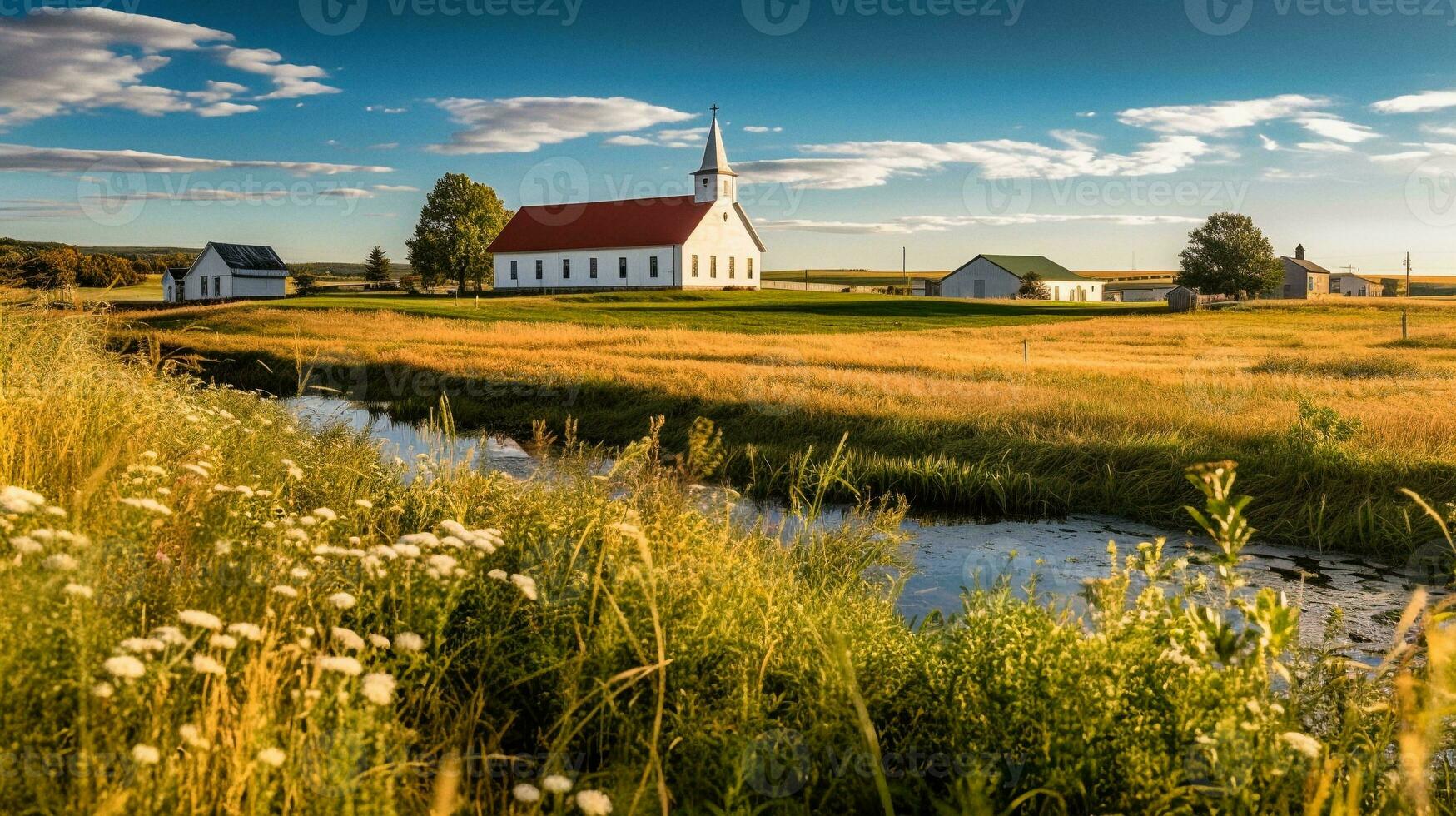 een sereen zomer gloed een Protestant kerk temidden van pittoreske velden generatief ai foto