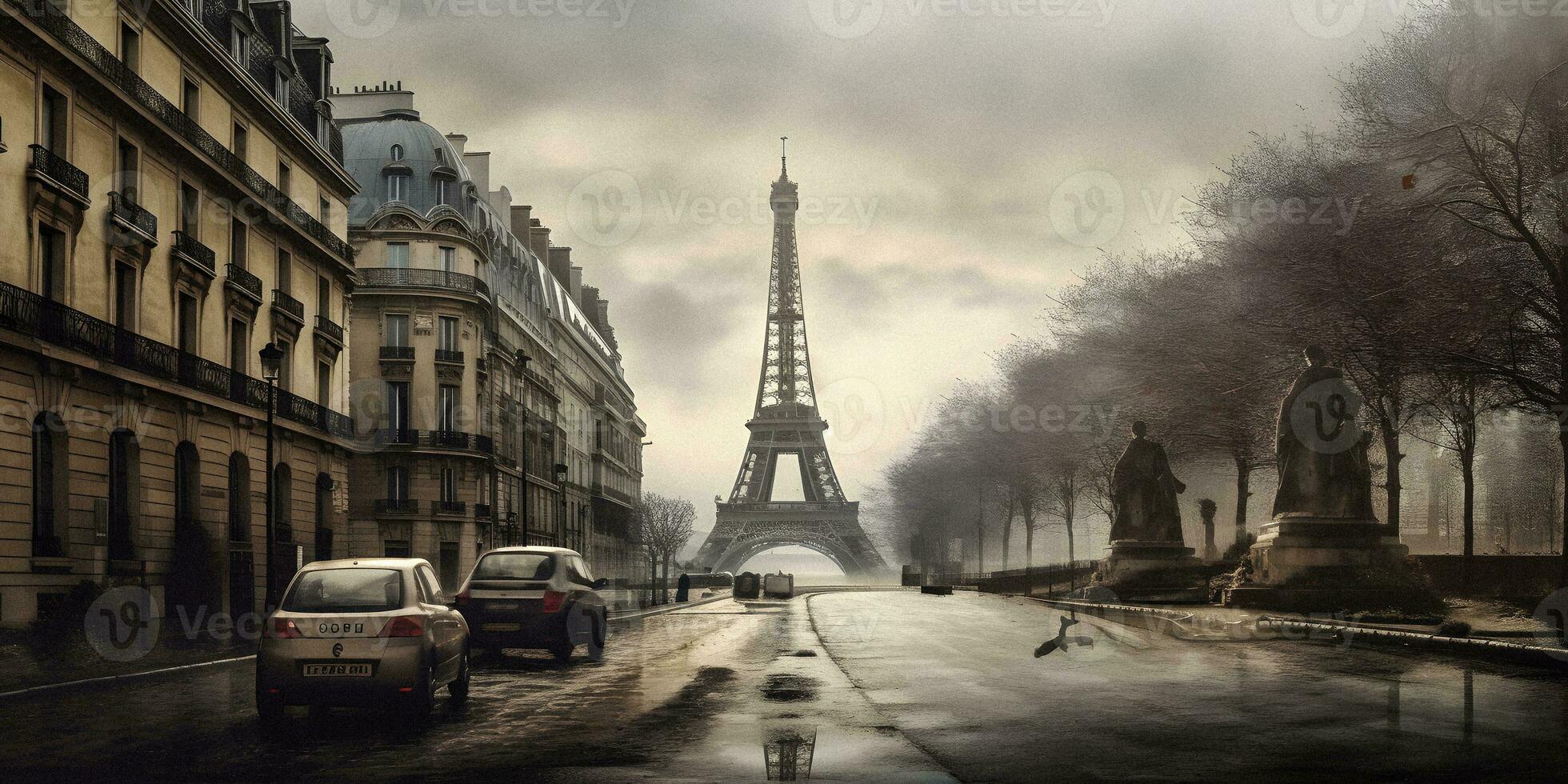 dramatisch panoramisch visie van Parijs met eiffel toren Aan bewolkt dag - generatief ai foto