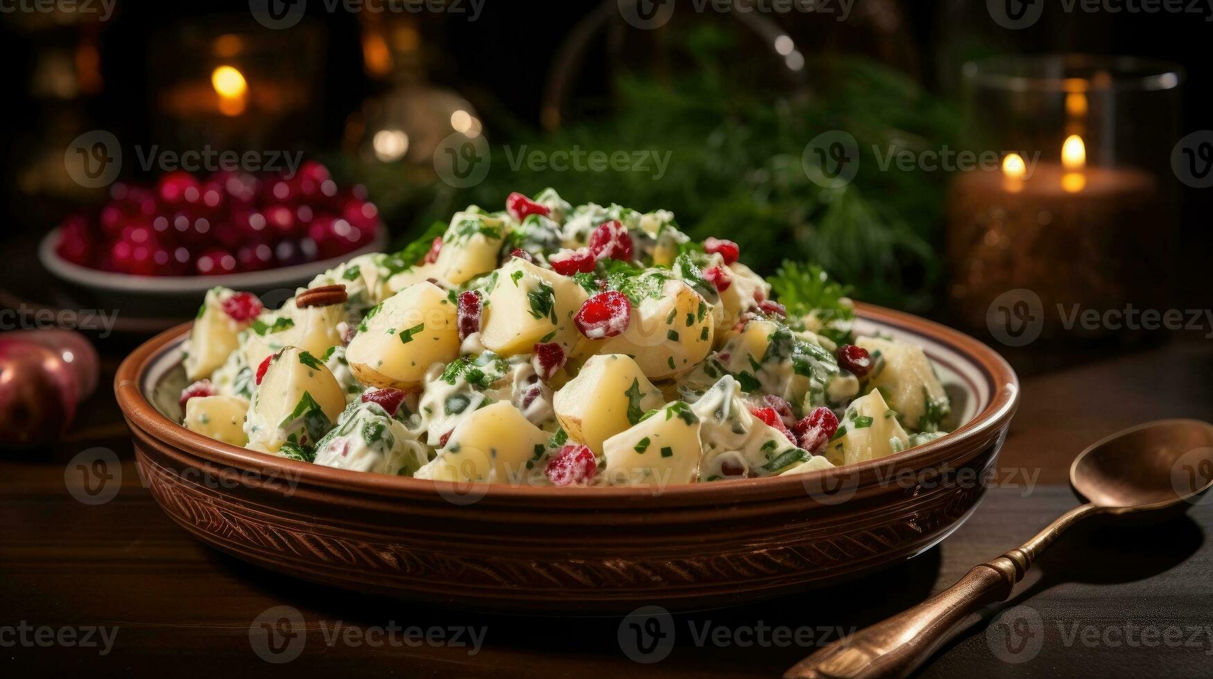 Kerstmis aardappel salade Aan een bord. generatief ai foto