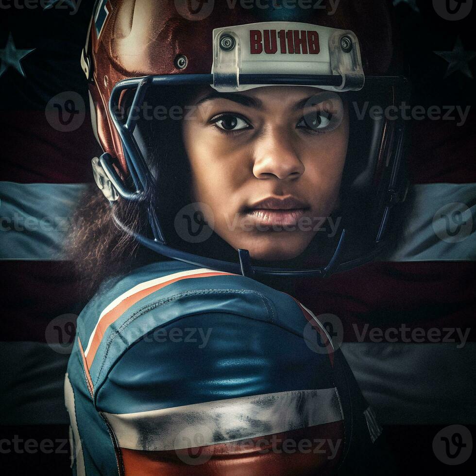 dynamisch portret van een mooi Amerikaans vrouw Amerikaans voetbal speler met helm. generatief ai. foto