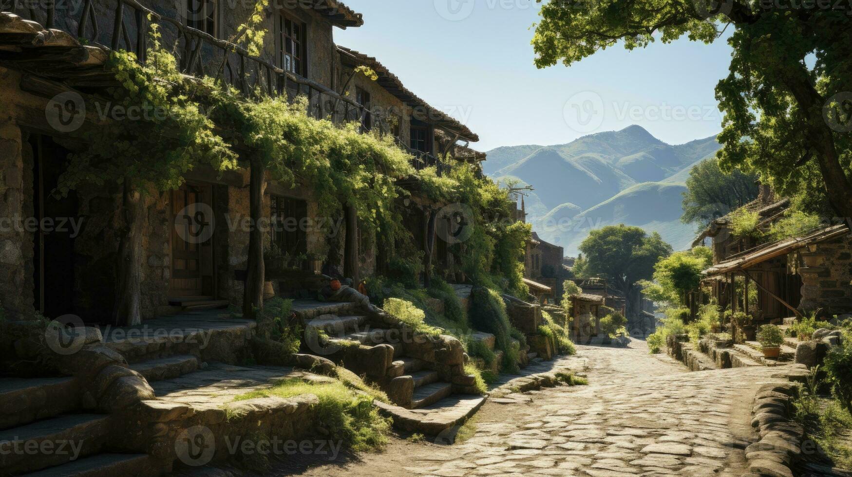 een rustiek middeleeuws dorp genesteld in een weelderig groen vallei foto