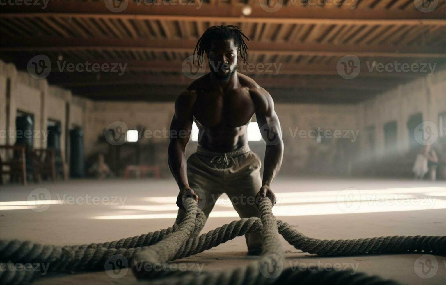 mannetje mannen Sportschool geschiktheid touw sport bodybuilding atletisch oefenen sterkte gespierd. generatief ai. foto