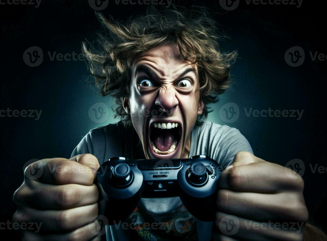 Mens boos technologie bedieningshendel troosten online schreeuw gamer binnenshuis verschrikking Holding schok spanning spelen concept portret foto