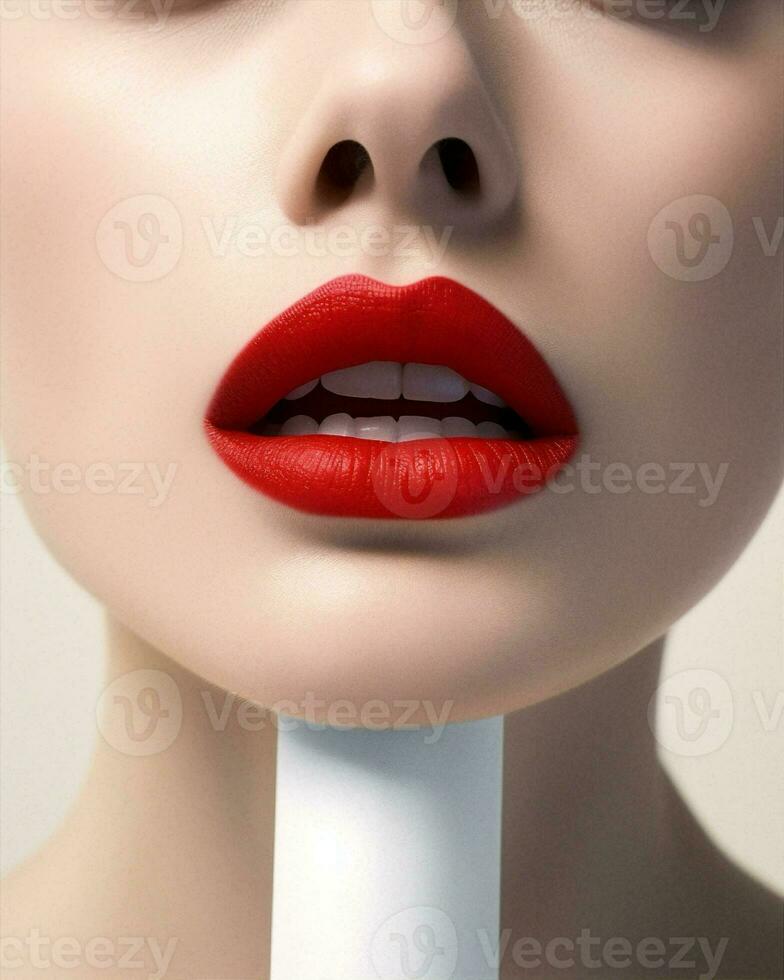 vrouw rood stijl schoonheid gezicht haar- dame knal mode retro lippenstift hand- foto