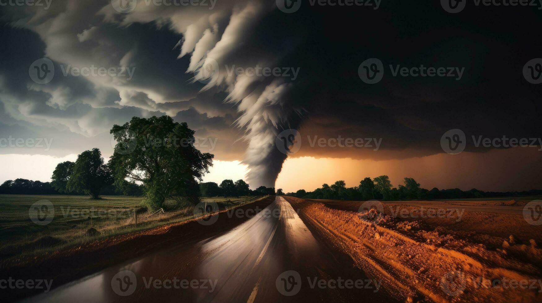 tornado in stormachtig landschap, donder storm, klimaat Wijzigen, natuurlijk ramp, generatief ai illustratie foto