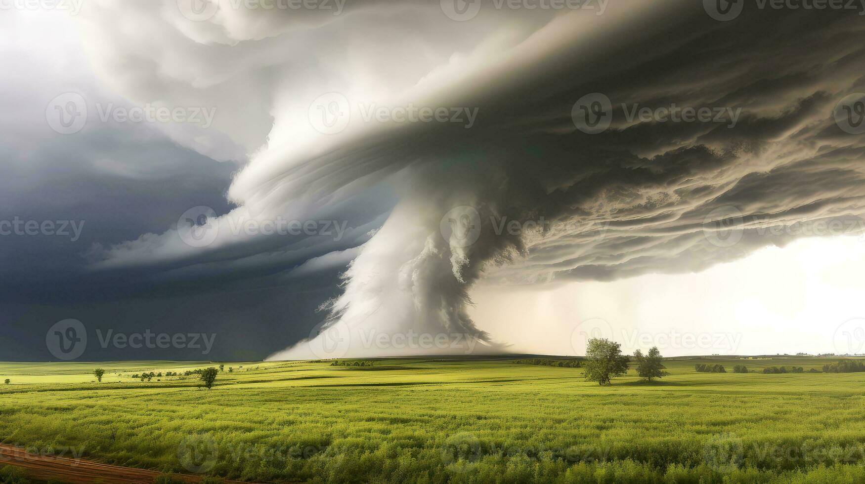 tornado in stormachtig landschap, donder storm, klimaat Wijzigen, natuurlijk ramp, generatief ai illustratie foto