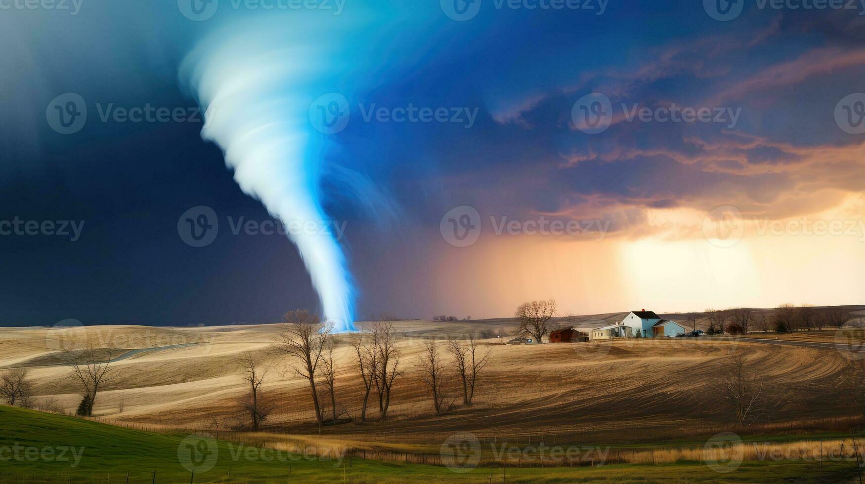 tornado in stormachtig landschap, donder storm, klimaat Wijzigen, natuurlijk ramp, generatief ai illustratie foto