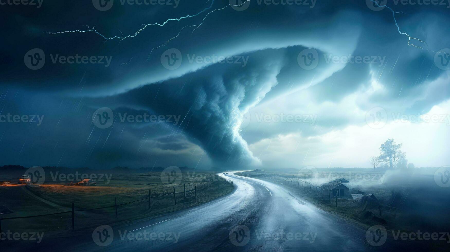 tornado in stormachtig landschap, donder storm, klimaat Wijzigen, natuurlijk ramp, generatief ai illustratie foto
