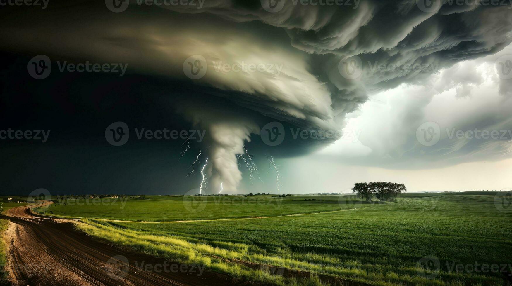 tornado in stormachtig landschap, donder storm, klimaat Wijzigen, natuurlijk ramp, generatief ai illustratie foto