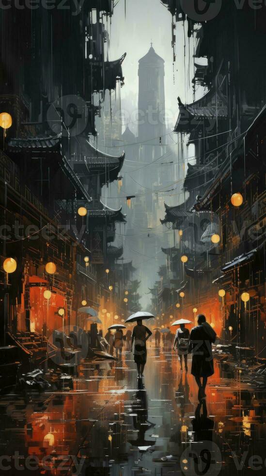 een Aziatisch straat markt gedurende een moesson stortbui foto