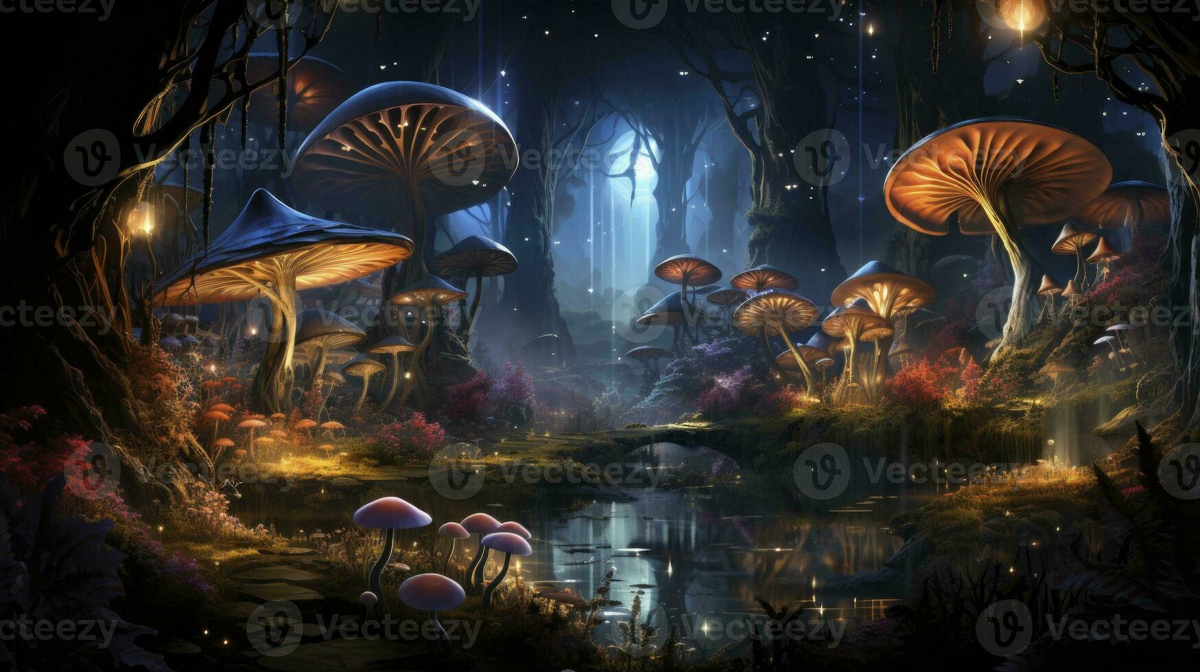 een grillig Woud met luminescent champignons van divers kleuren, feeën fladderend tussen de schimmels, vastleggen de fantasie en betovering van deze magisch rijk, illustratie, digitaal kunst, foto