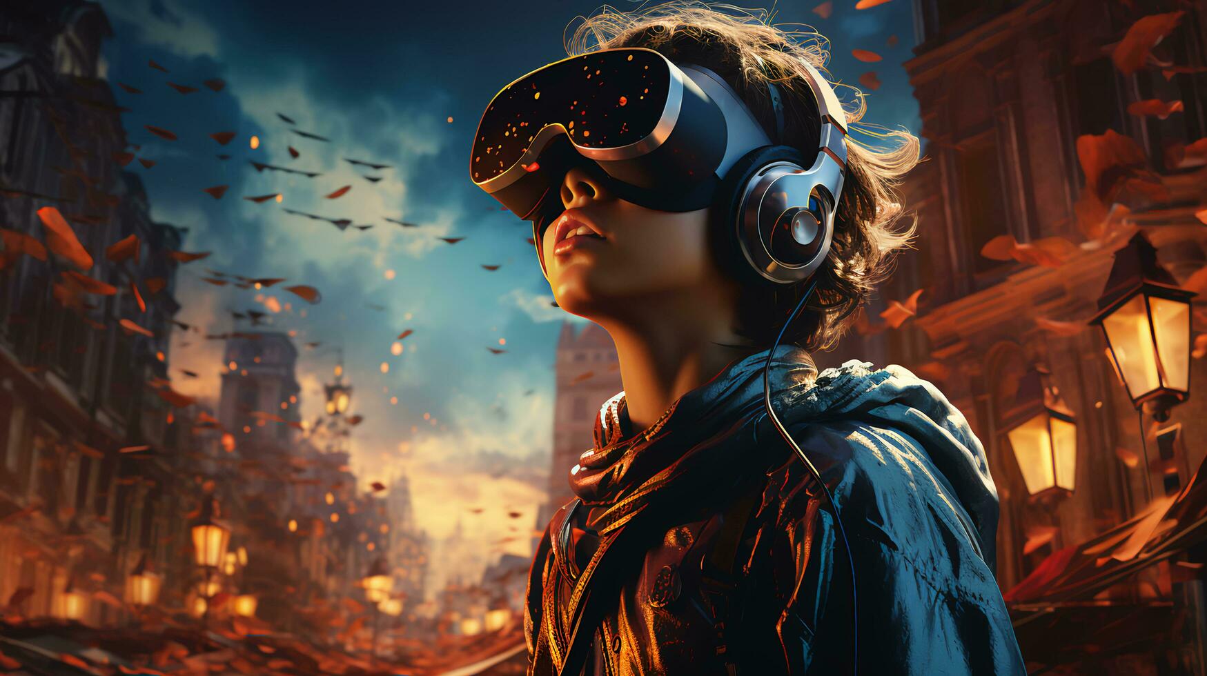 een jong meisje vervelend uitgebreid realiteit bril in een computer spel in de virtueel wereld foto