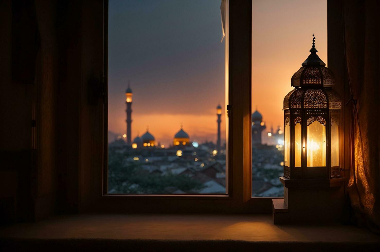 een lantaarn met de licht schijnend door de venster globaal verlichting moskee in achtergrond ver weg generatief ai foto