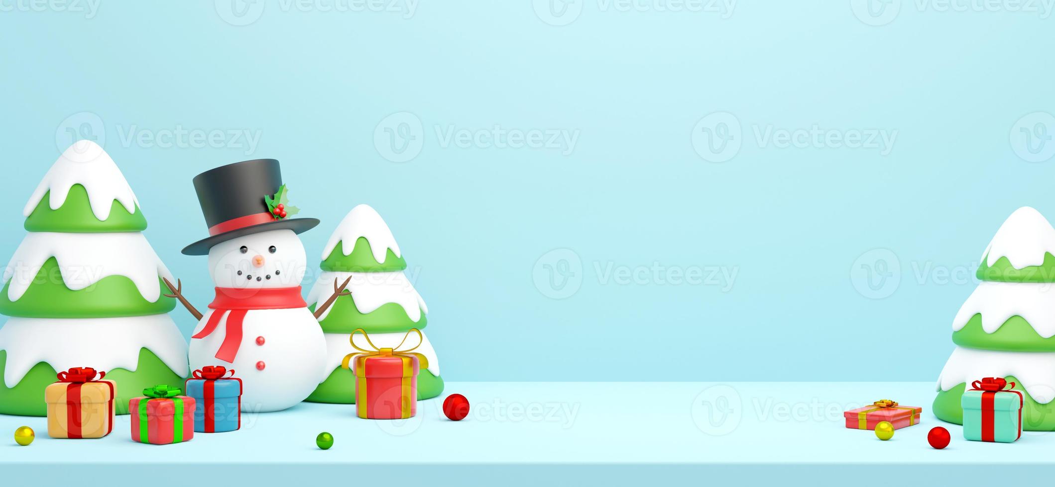 kerst ansichtkaart van sneeuwpop met kerstboom, 3d illustratie foto