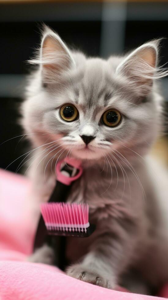 speels grijs katje wezen gekamd met een klein roze borstel foto