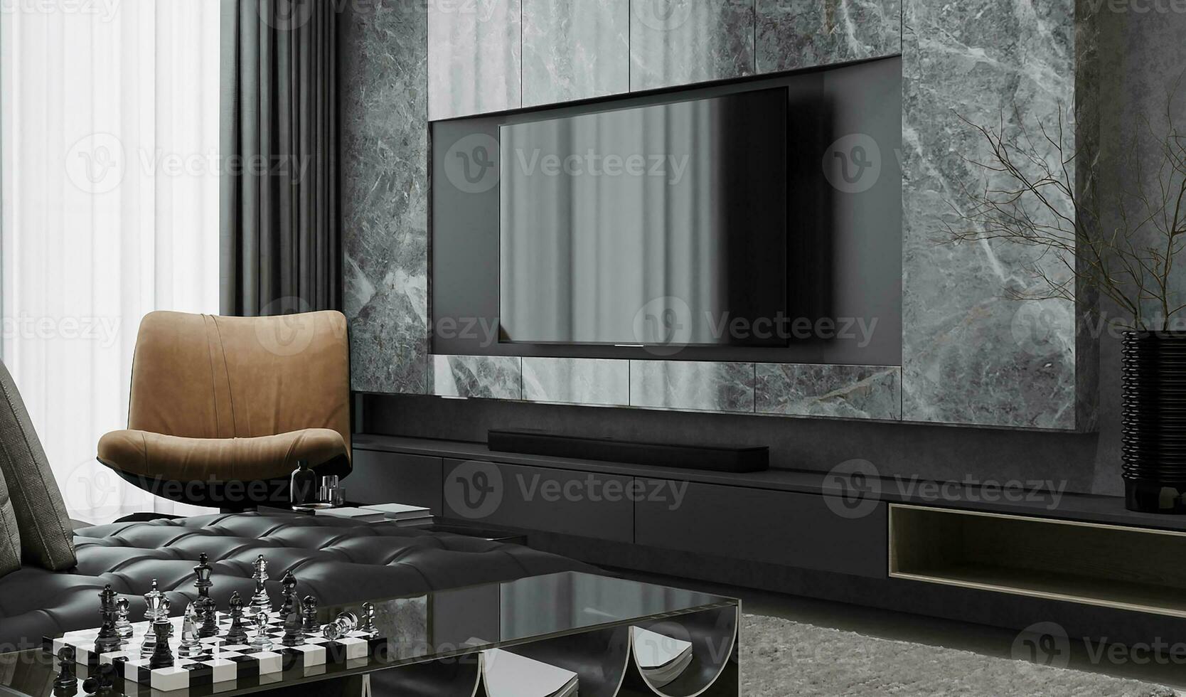 interieur van leeg ruimte voor leven langs met TV hangende Aan de marmeren muur, fauteuil, schaak weergegeven in de leven kamer, 3d renderen foto