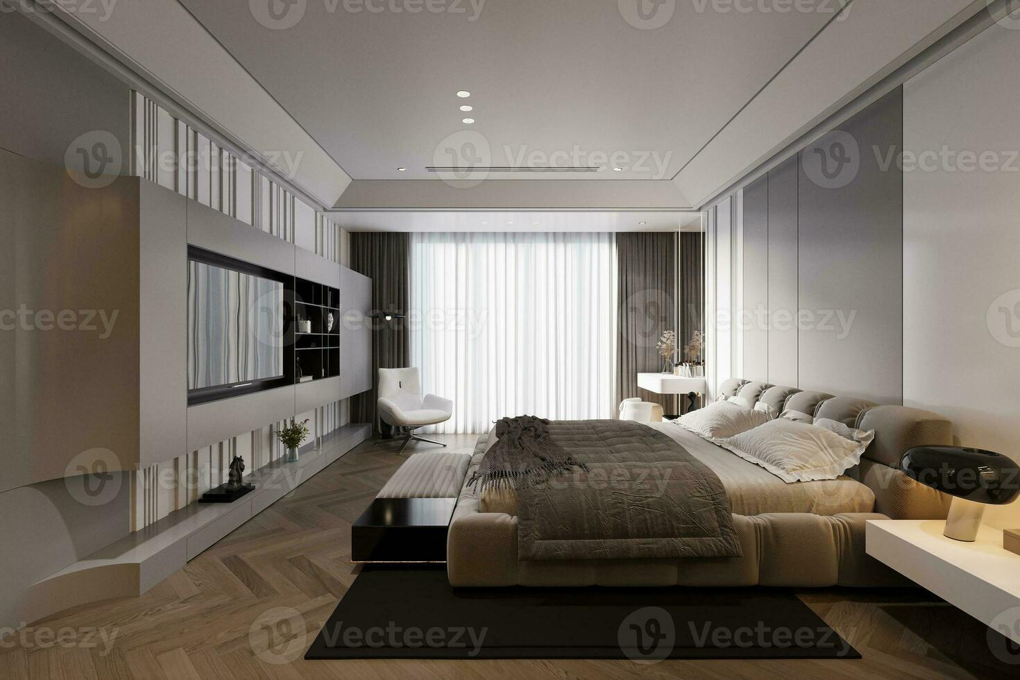 luxueus slaapkamer interieur met knus en moeiteloos bed, TV eenheid met TV en dingen in voorkant van de bed, 3d renderen foto