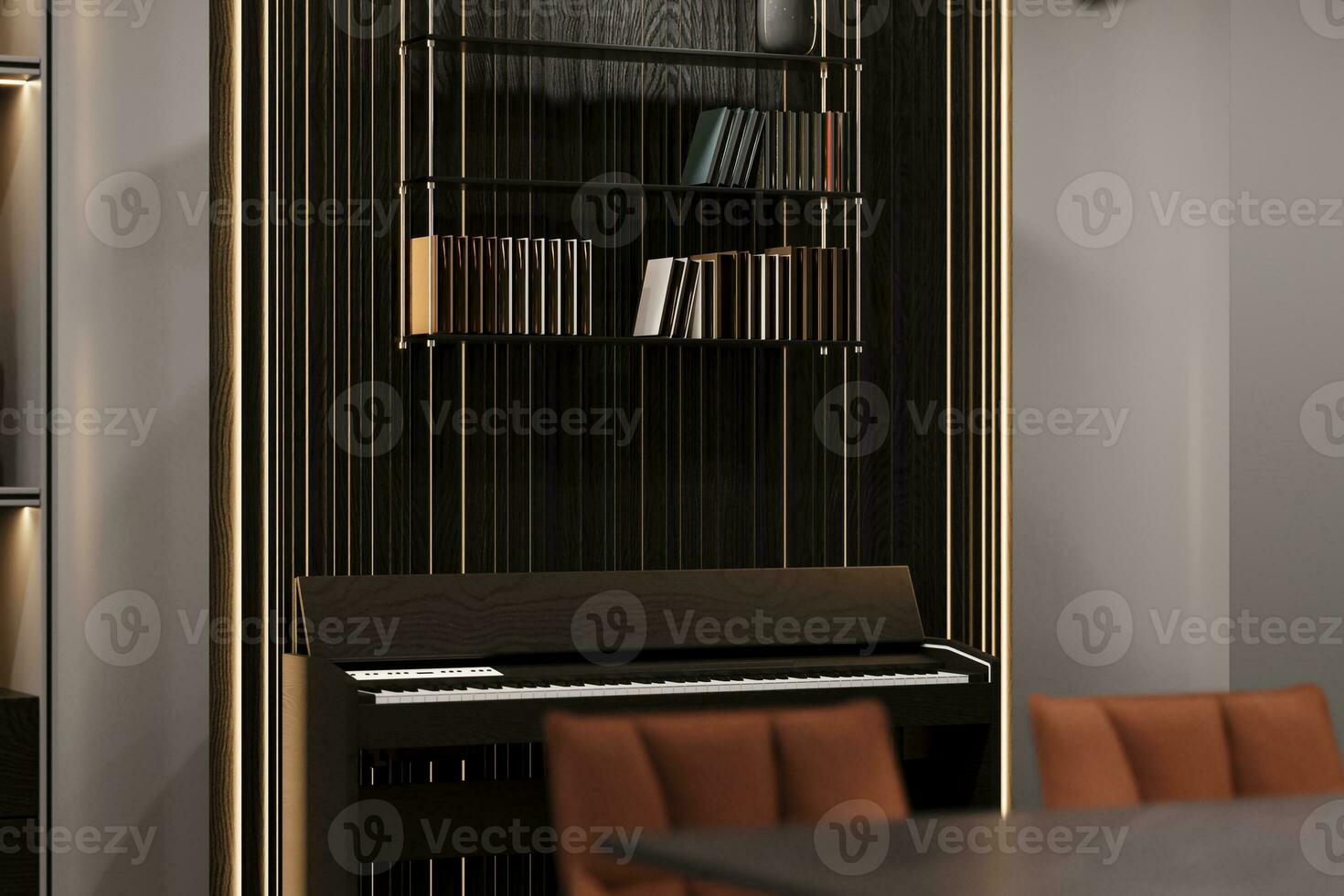 elektrisch piano met album geregeld Aan de muur eenheid, 3d renderen foto