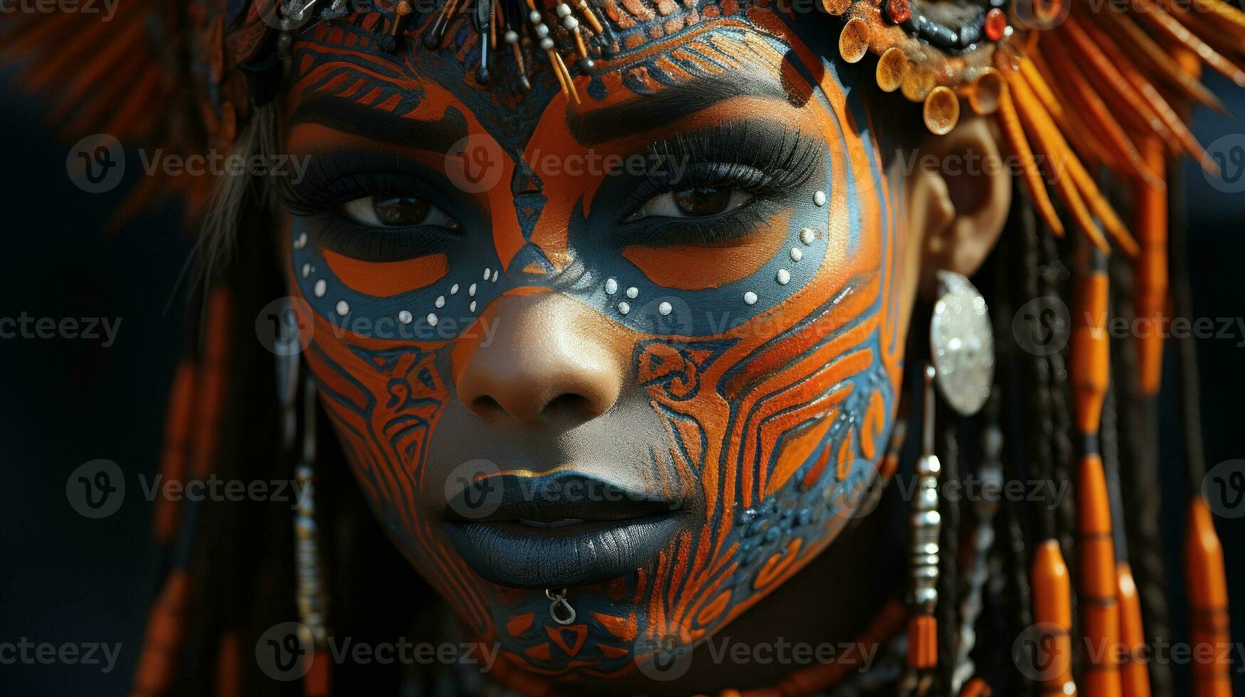 detailopname portret van een mooi Afrikaanse tribal vrouw met gezicht kunst in joal-fadiouth, Senegal, Afrika. foto