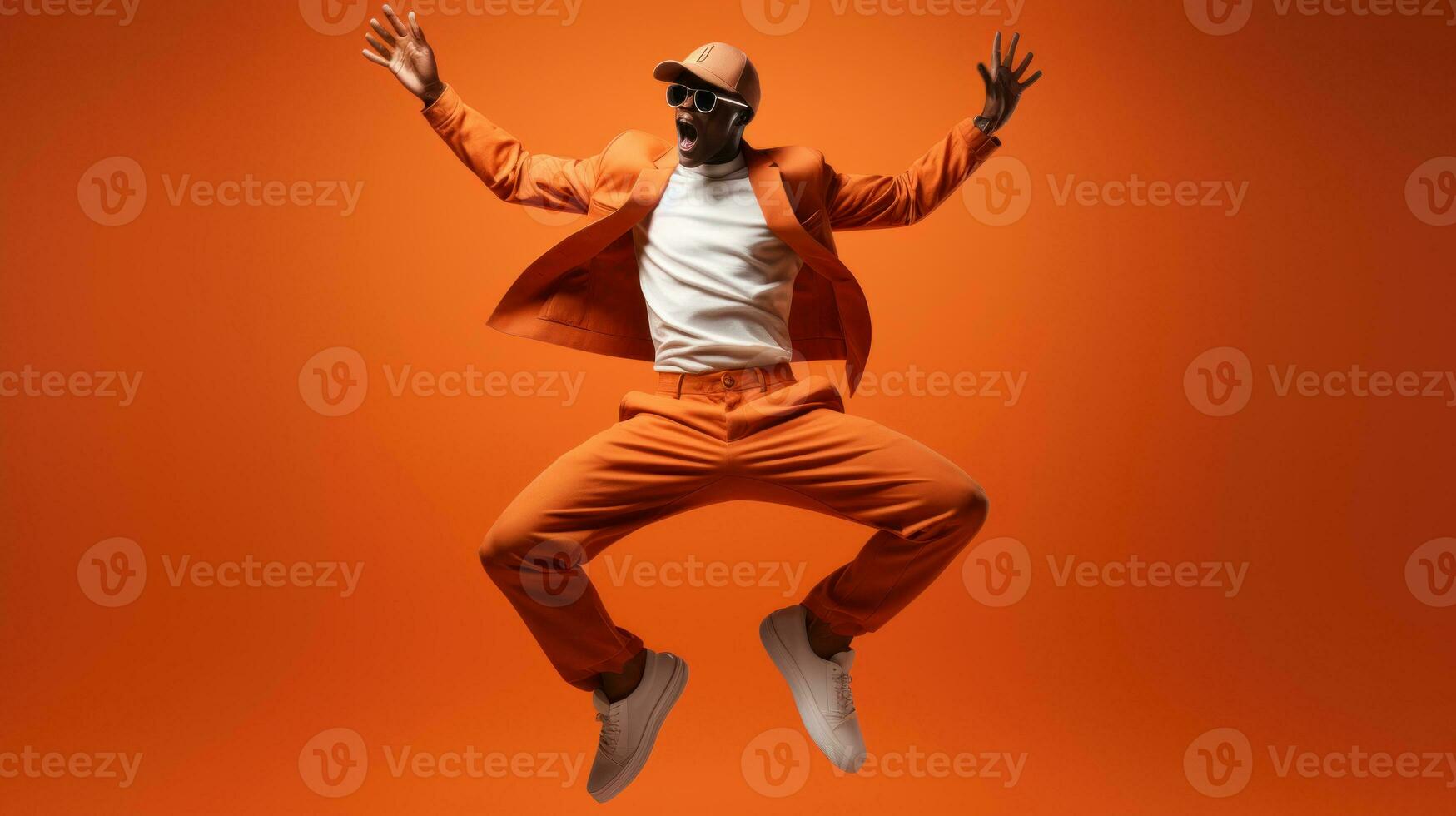 elegant Afrikaanse Amerikaans Mens in oranje pak en zonnebril jumping Aan oranje achtergrond. foto