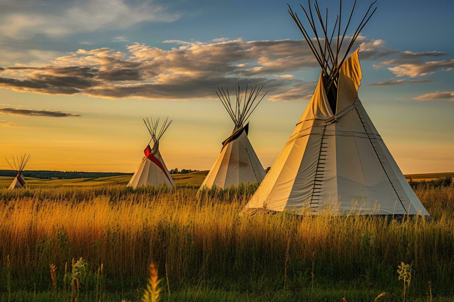 traditioneel Amerikaans Indisch wigwam in de veld- Bij zonsondergang, eerste landen tipi's Aan de Open prairies van noorden Amerika, ai gegenereerd foto