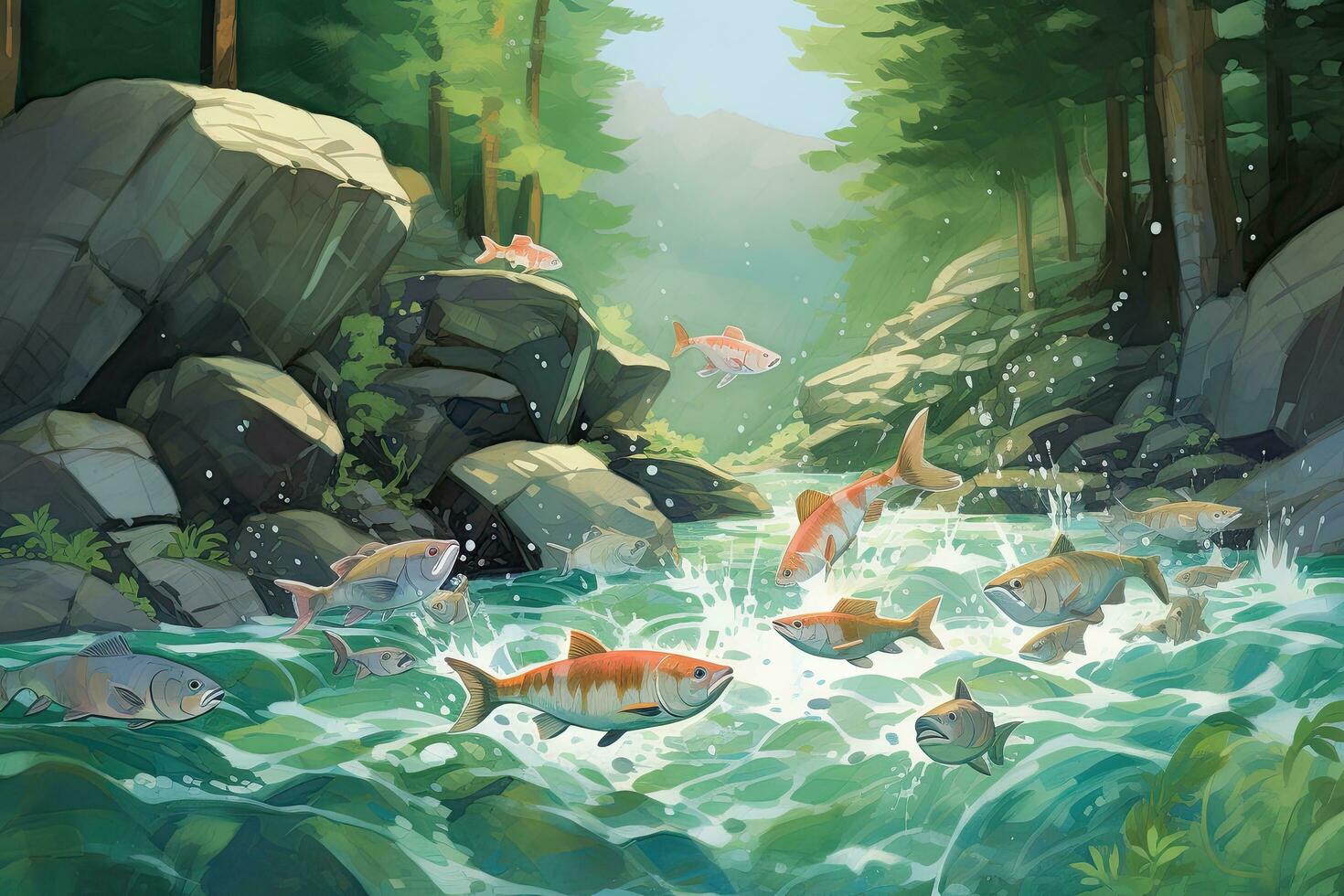 tekenfilm tafereel met vissen zwemmen in de rivier- - illustratie voor kinderen, vissen Gaan voor paaien stroomopwaarts, ai gegenereerd foto