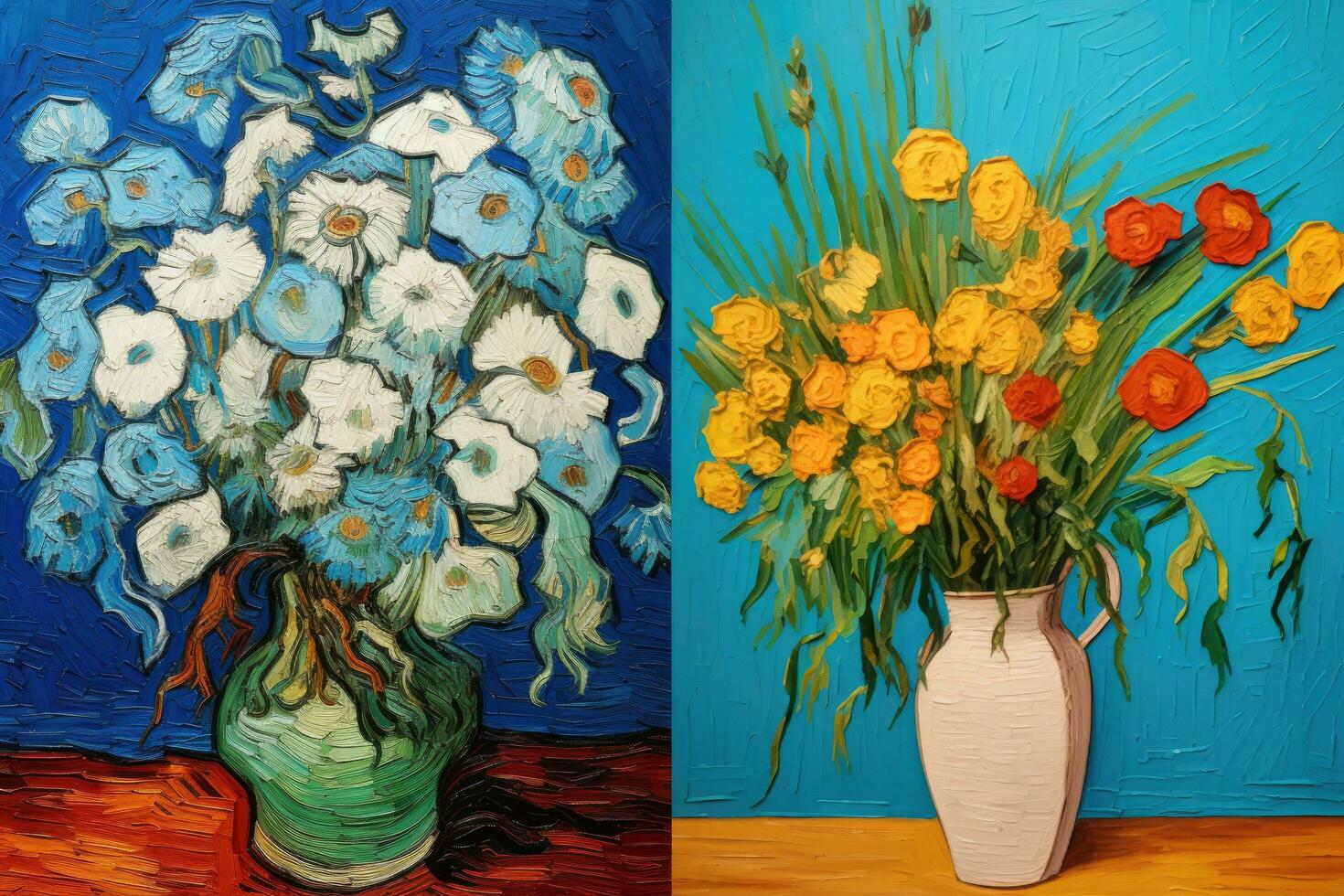 schilderij van een boeket van bloemen in een vaas, bloem artwork in busje van gogh stijl, ai gegenereerd foto
