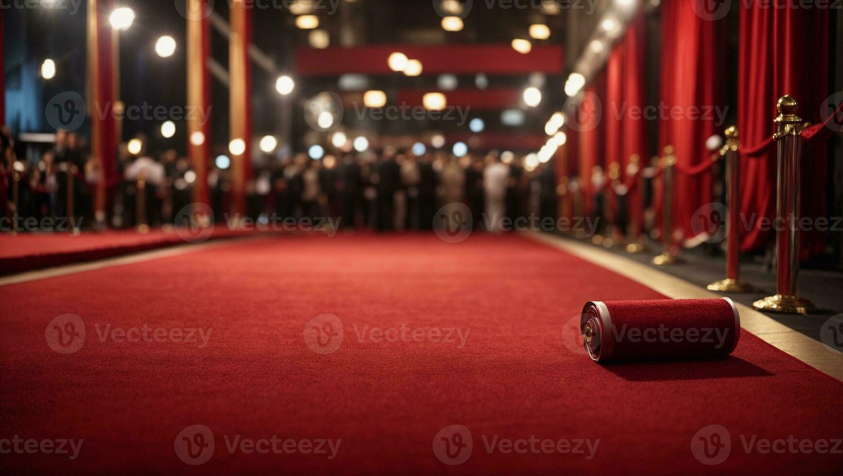 rood tapijt rollend uit in voorkant van glamoureus film première achtergrond. ai gegenereerd foto