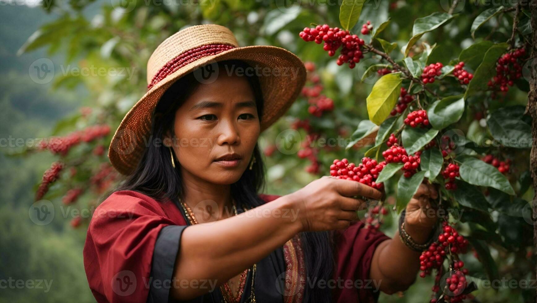 akha vrouw plukken rood koffie bonen Aan boeket Aan boom. ai gegenereerd foto