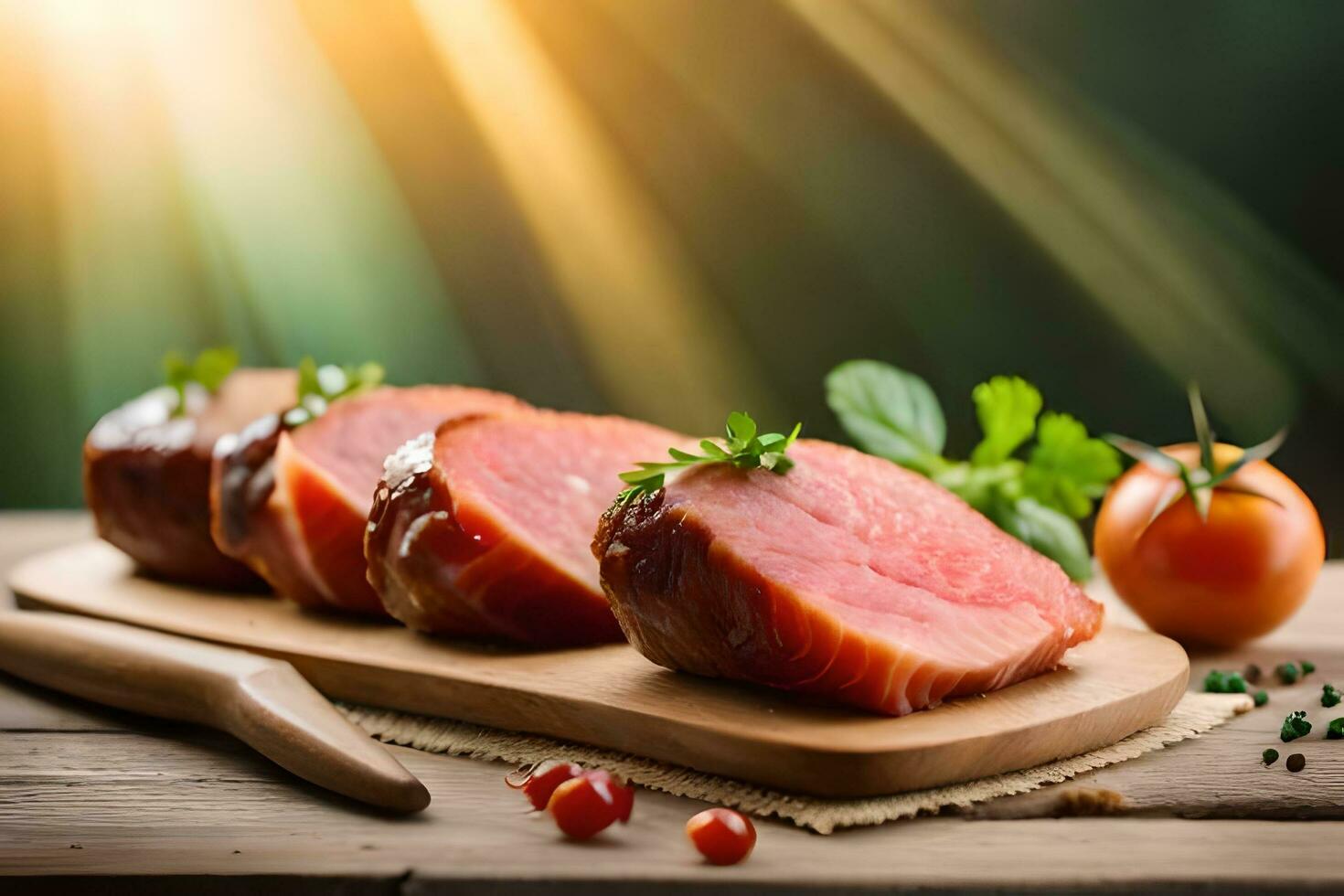 gesneden vlees Aan een houten snijdend bord met tomaten en kruiden. ai-gegenereerd foto
