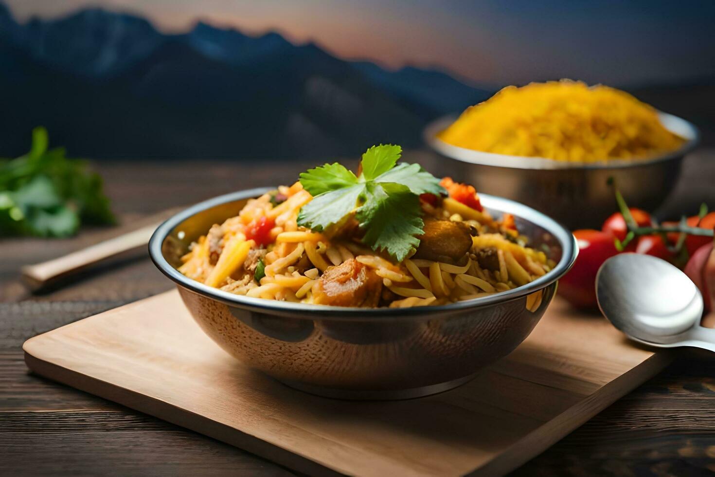 Indisch voedsel in kommen Aan houten tafel. ai-gegenereerd foto