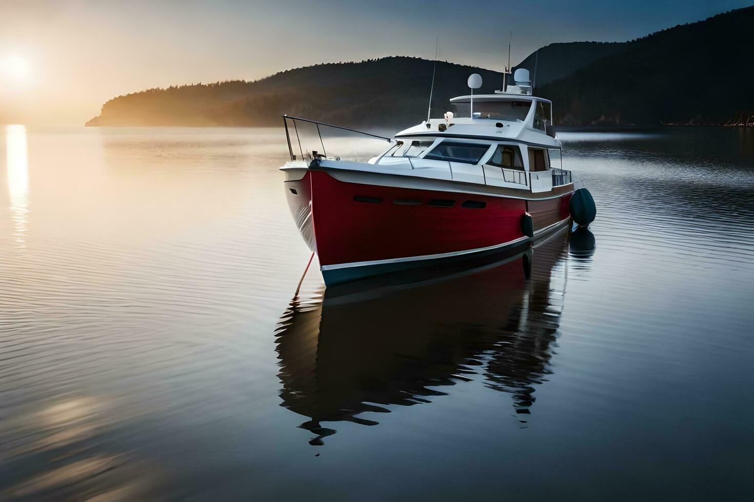 een rood en wit boot is aangemeerd in de water. ai-gegenereerd foto